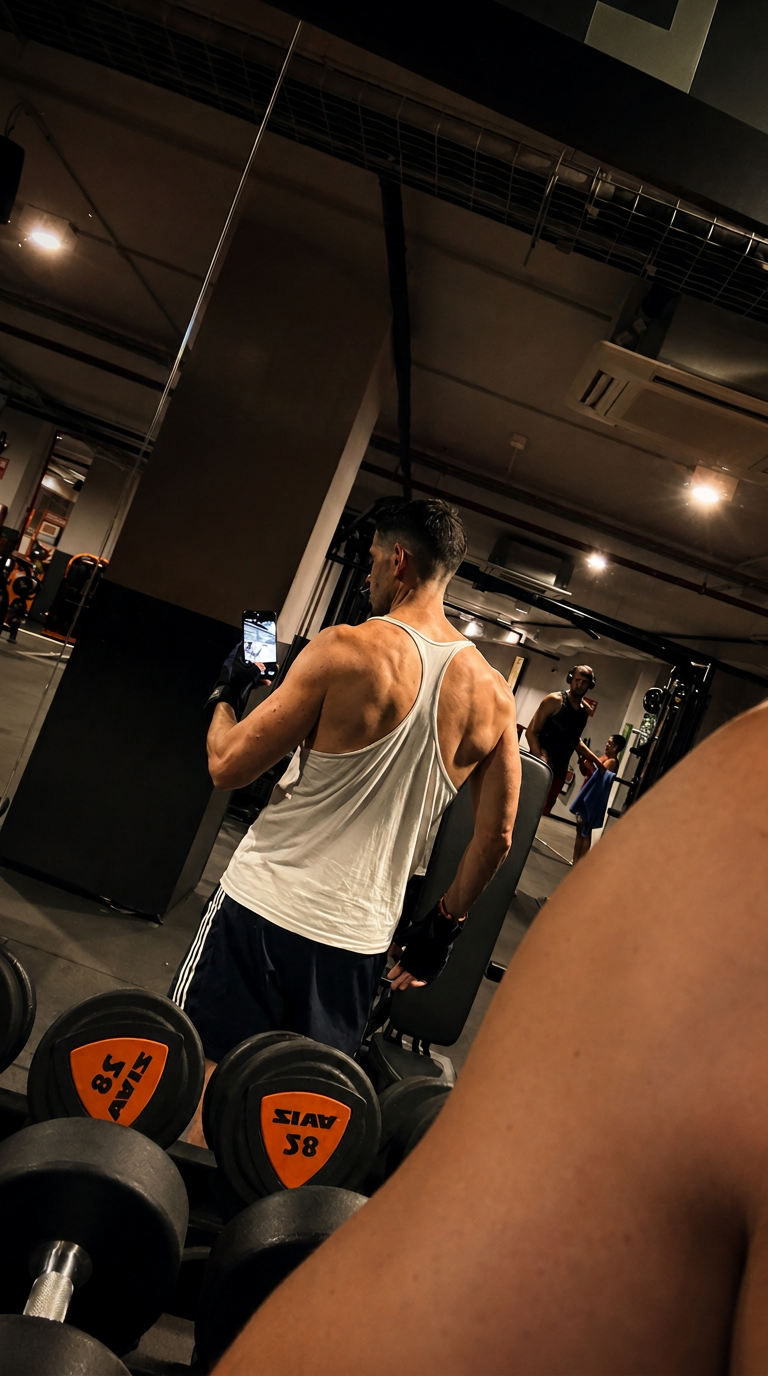 Pablo Vicente entrenando espalda en un gimnasio con iluminación tenue